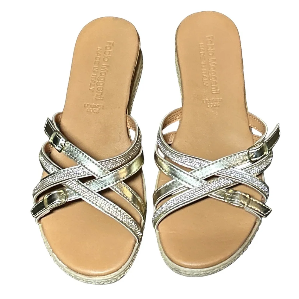 Fabio Maggenti Gold Silver Rhinestone Wedge Sandals 8M